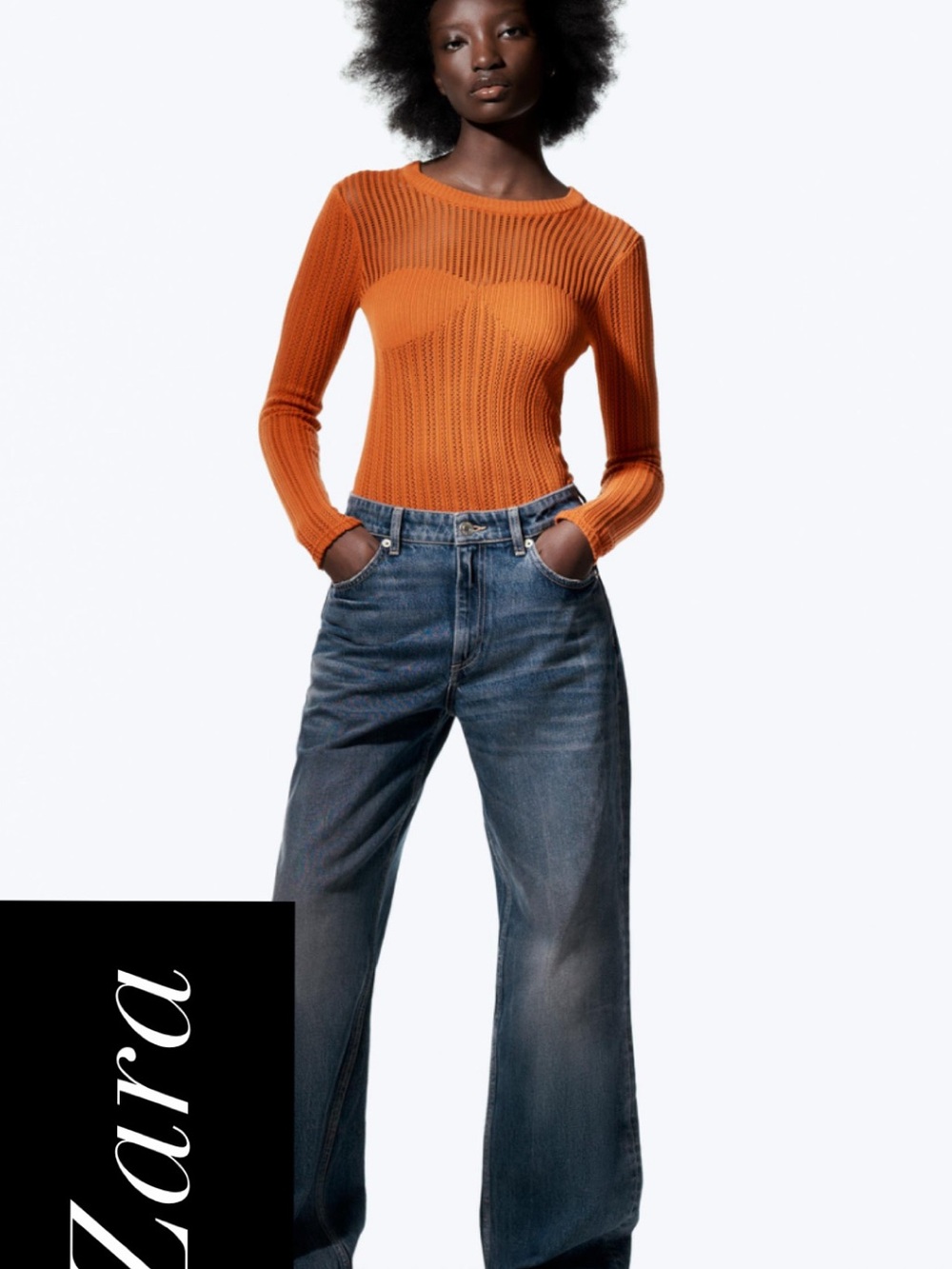 Zara Orange Ribbed Long-Sleeve Top Sz M NWT